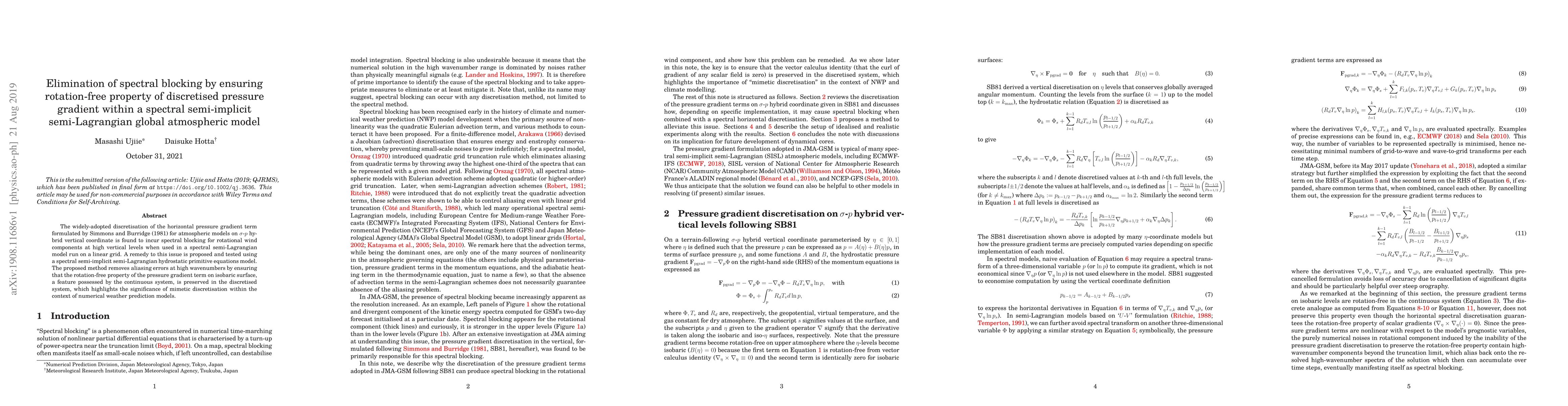 Thumbnail for Elimination of spectral blocking by ensuring rotation-free property of
  discretised pressure gradient within a spectral semi-implicit semi-Lagrangian
  global atmospheric model