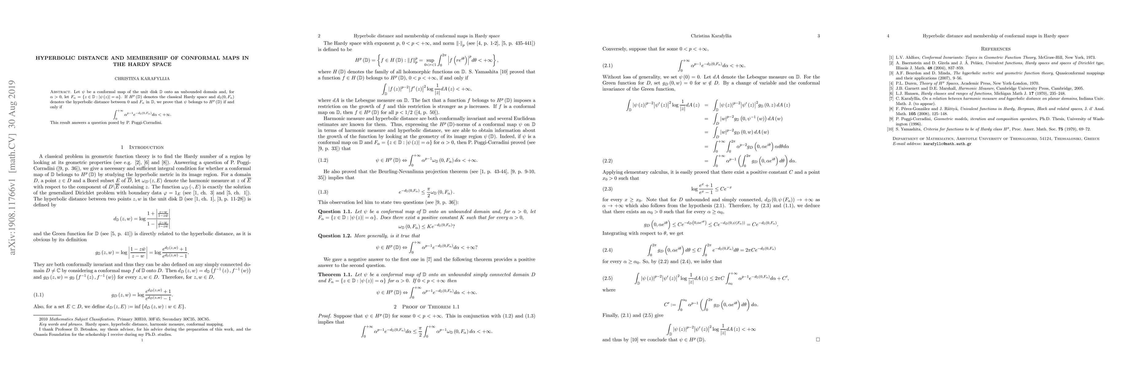 Thumbnail for Hyperbolic distance and membership of conformal maps in the Hardy space