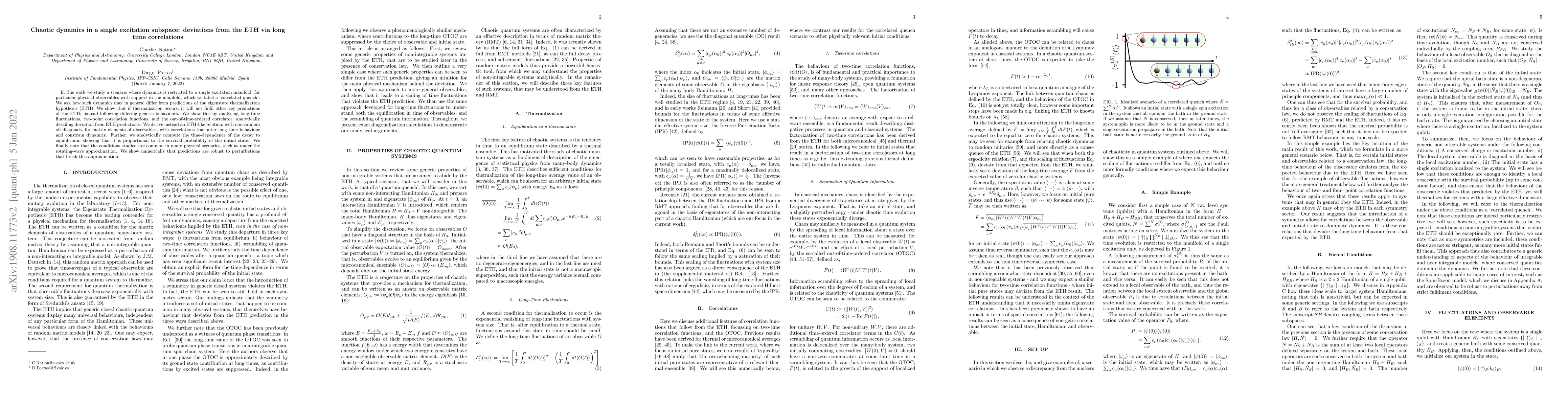 Thumbnail for Chaotic dynamics in a single excitation subspace: deviations from the
  ETH via long time correlations