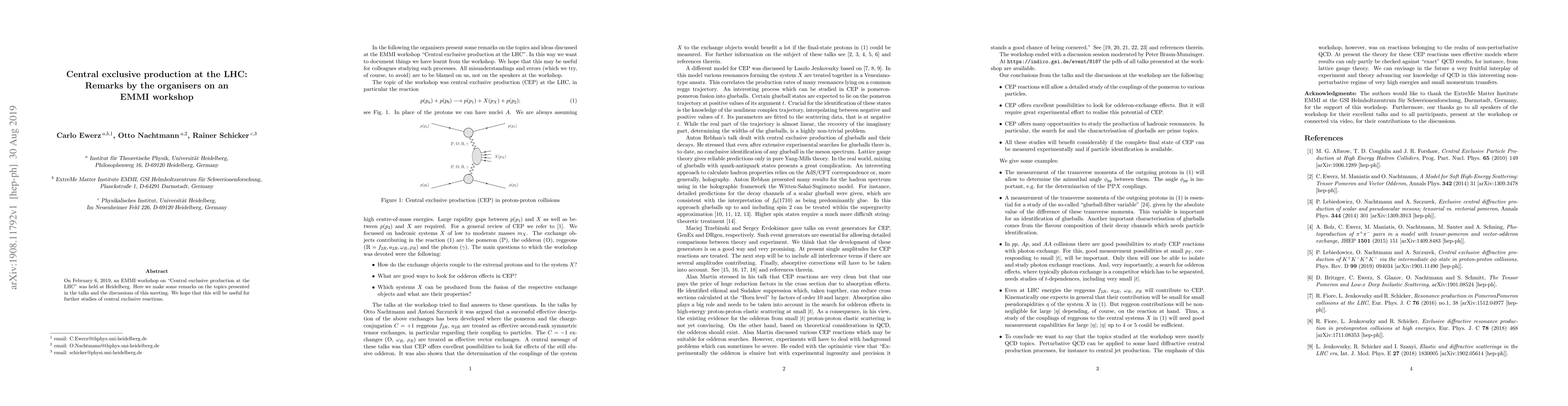Thumbnail for Central exclusive production at the LHC: Remarks by the organisers on an
  EMMI workshop