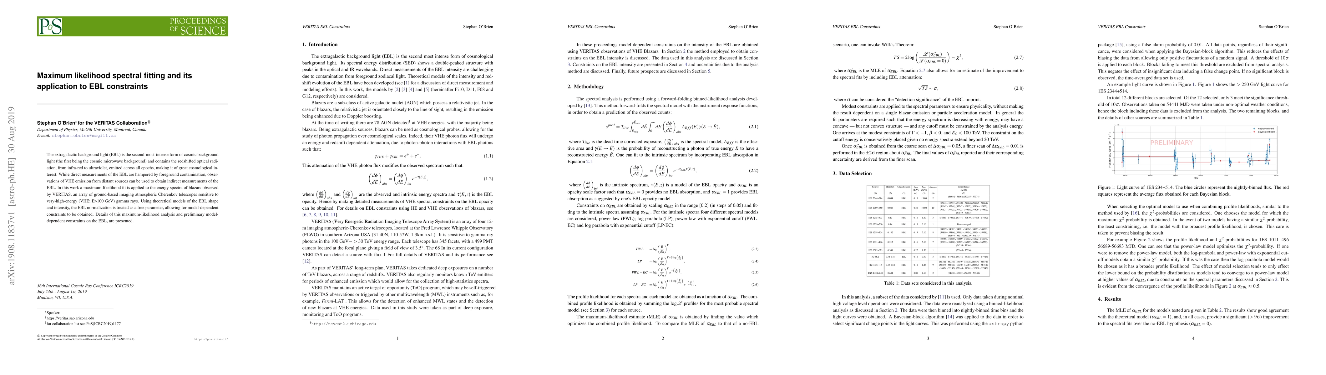 Thumbnail for Maximum likelihood spectral fitting and its application to EBL
  constraints