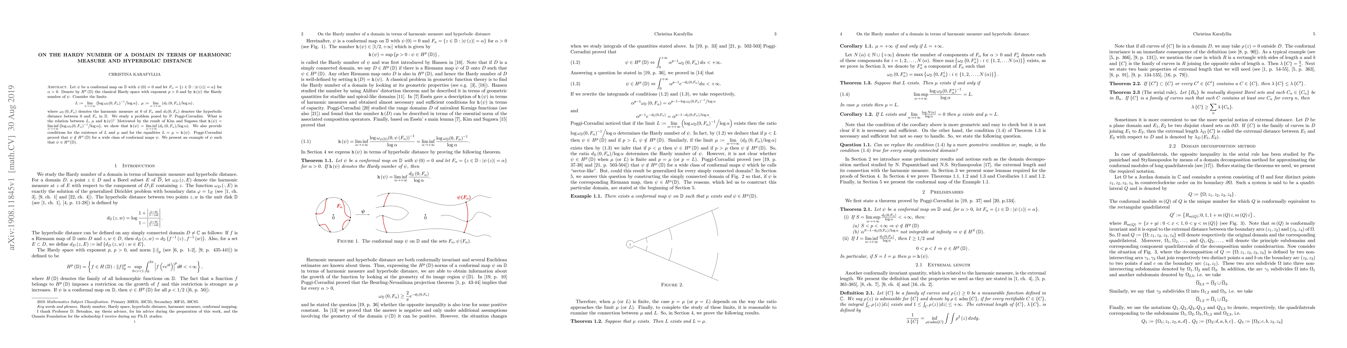 Thumbnail for On the Hardy number of a domain in terms of harmonic measure and
  hyperbolic distance