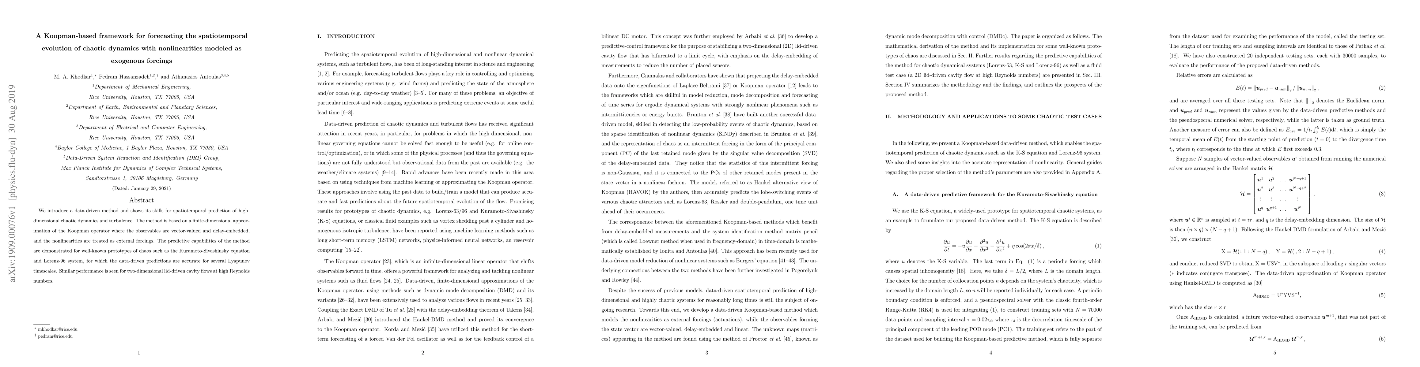 Thumbnail for A Koopman-based framework for forecasting the spatiotemporal evolution
  of chaotic dynamics with nonlinearities modeled as exogenous forcings
