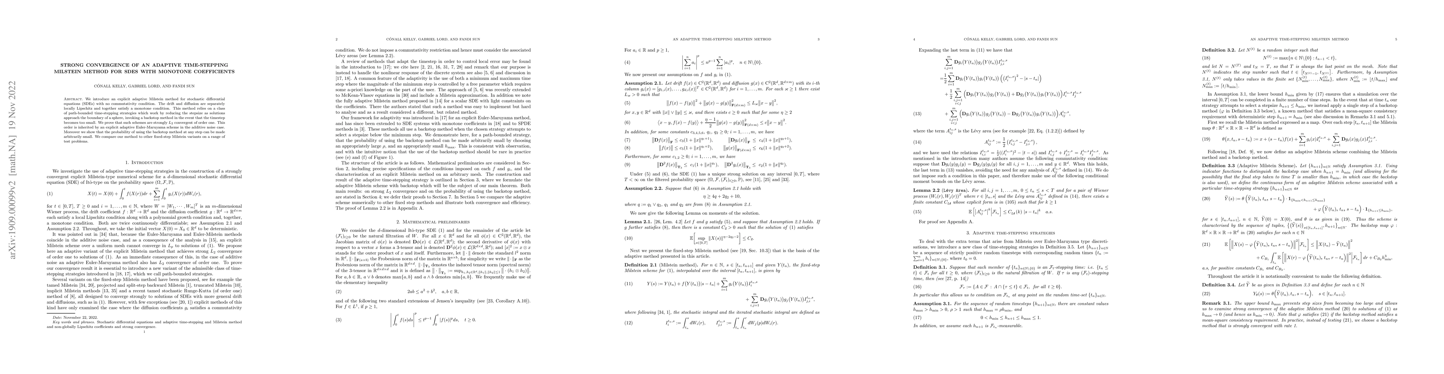 Thumbnail for Strong convergence of an adaptive time-stepping Milstein method for SDEs
  with monotone coefficients