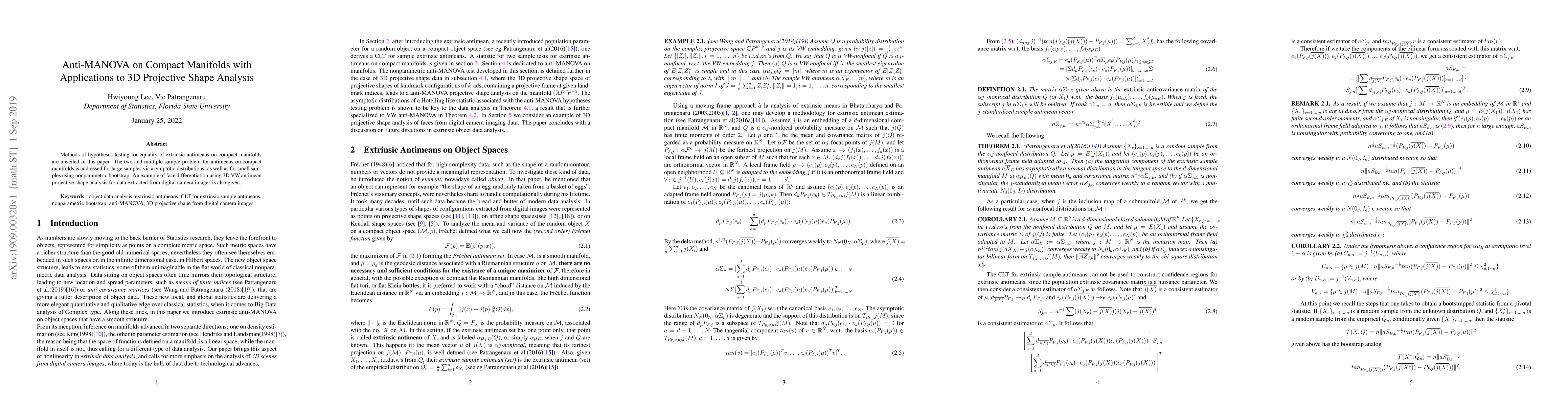 Thumbnail for Anti-MANOVA on Compact Manifolds with Applications to 3D Projective
  Shape Analysis