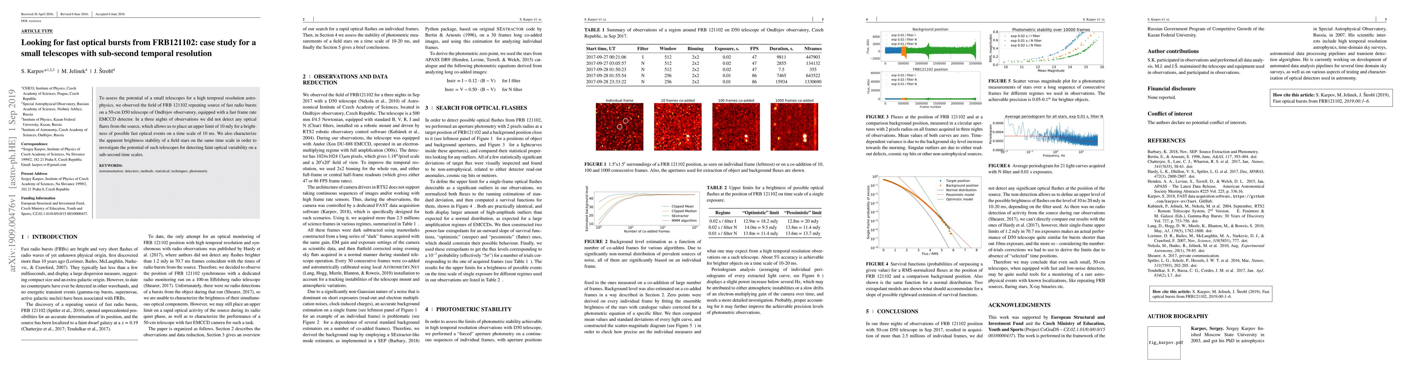 Thumbnail for Looking for fast optical bursts from FRB121102: case study for a small
  telescopes with sub-second temporal resolution