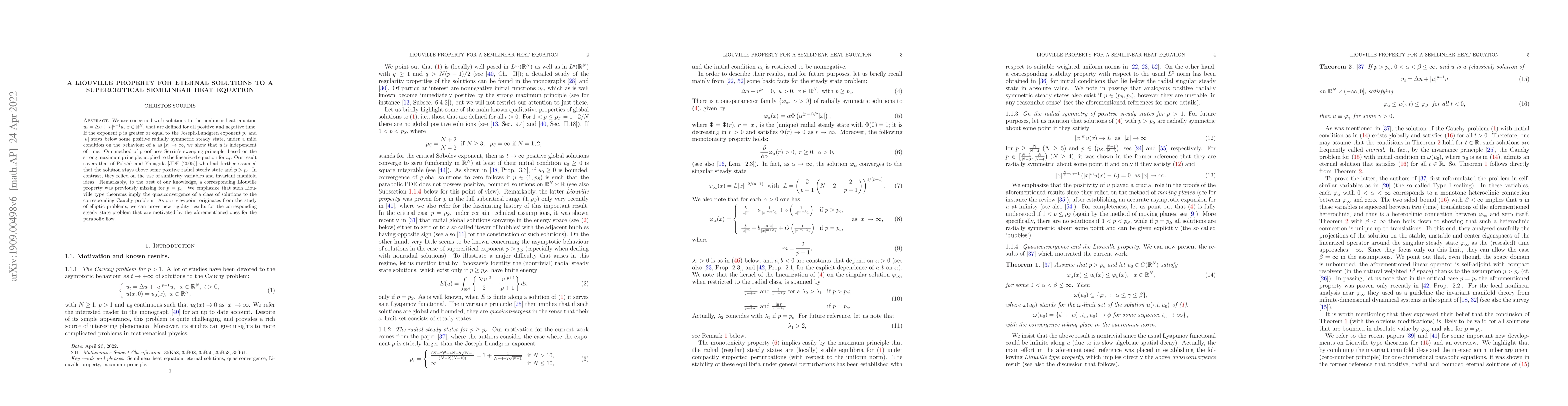 Thumbnail for A Liouville property for eternal solutions to a supercritical semilinear
  heat equation