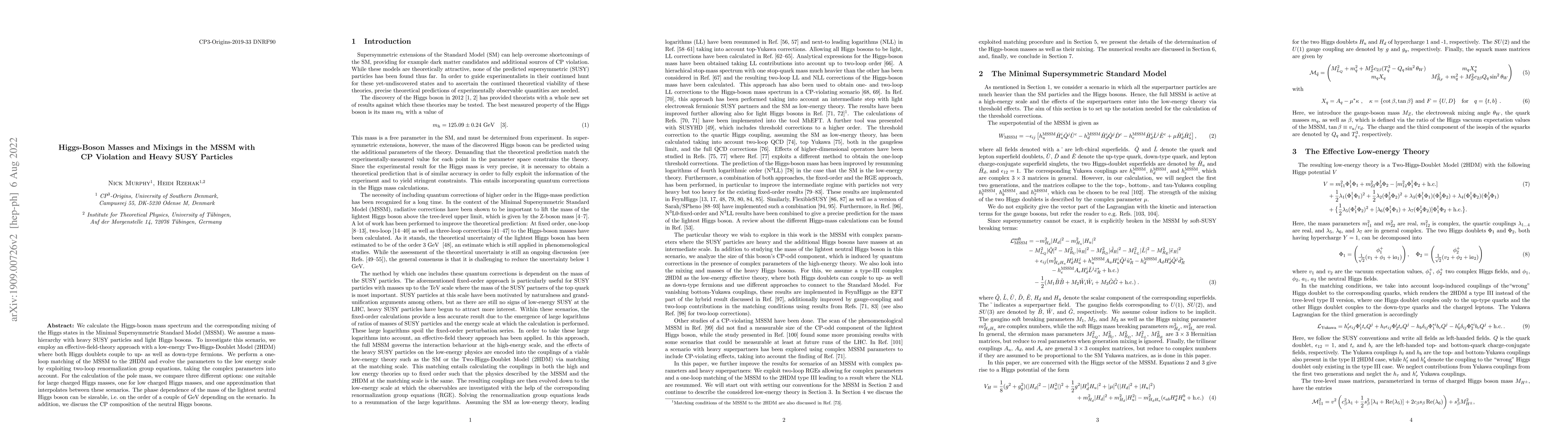 Thumbnail for Higgs-Boson Masses and Mixings in the MSSM with CP Violation and Heavy
  SUSY Particles