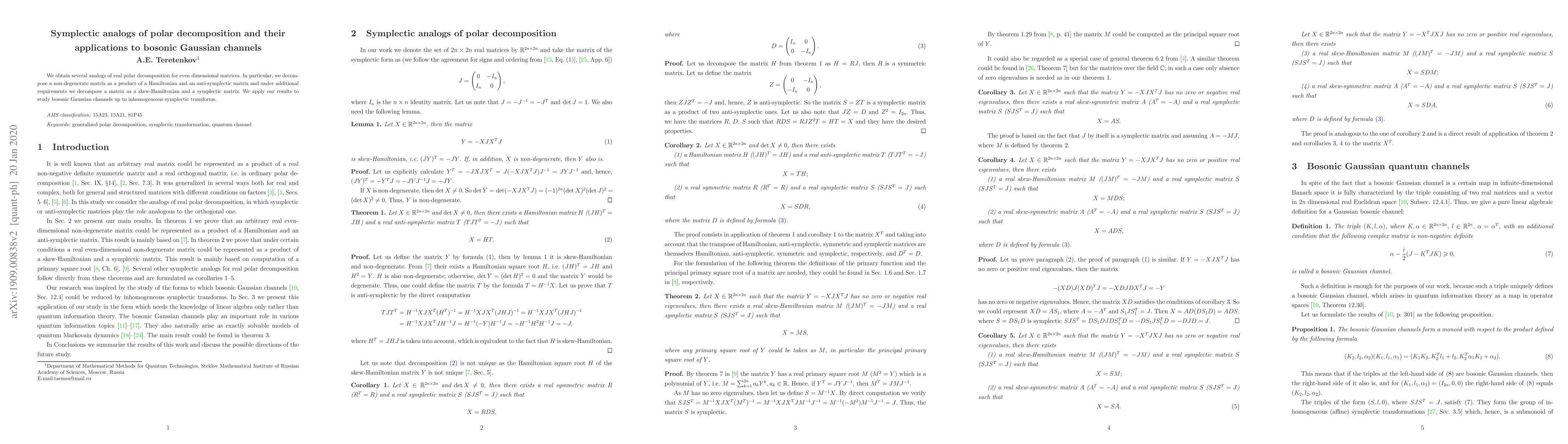 Thumbnail for Symplectic analogs of polar decomposition and their applications to
  bosonic Gaussian channels