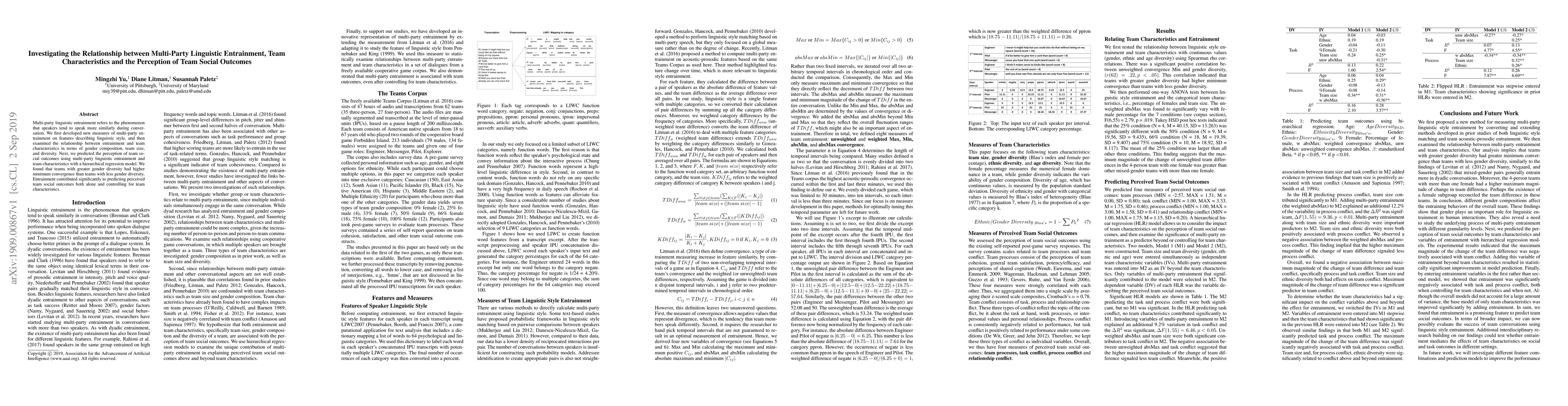 Thumbnail for Investigating the Relationship between Multi-Party Linguistic
  Entrainment, Team Characteristics, and the Perception of Team Social Outcomes