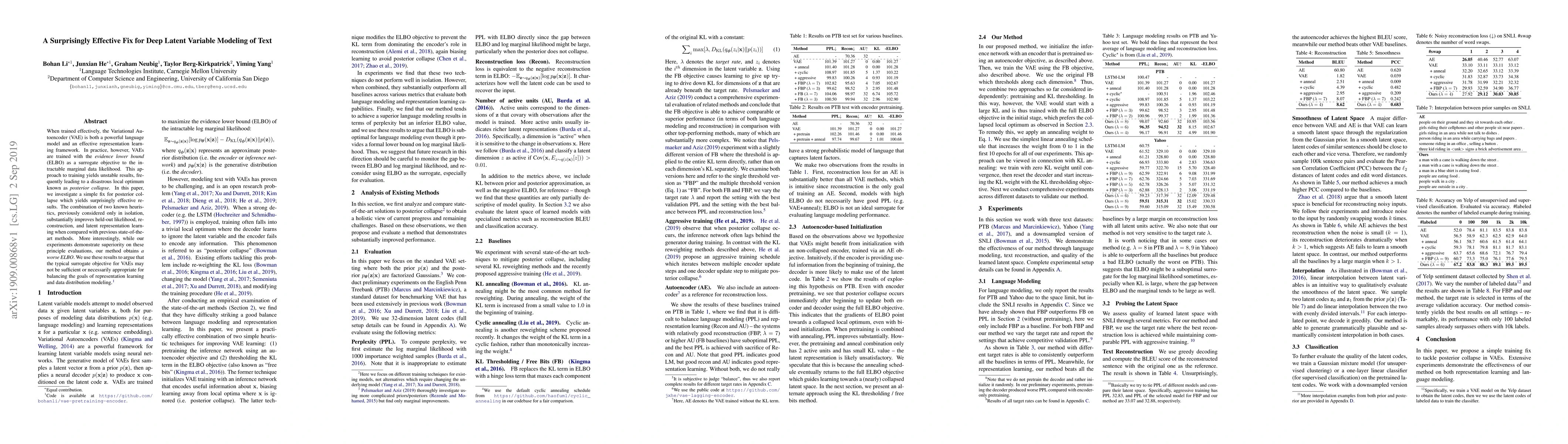 Thumbnail for A Surprisingly Effective Fix for Deep Latent Variable Modeling of Text