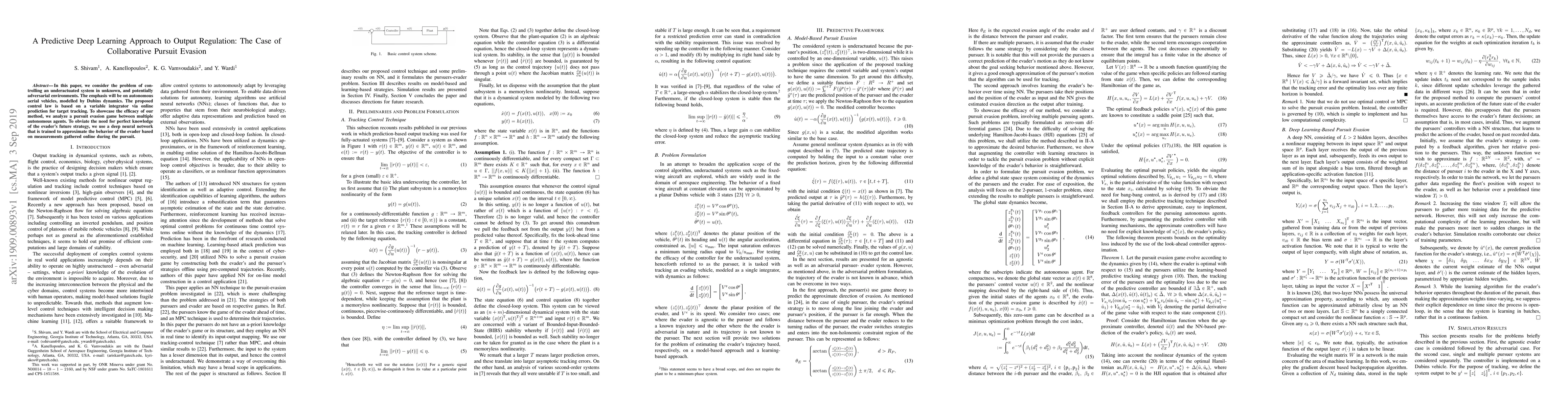 Thumbnail for A Predictive Deep Learning Approach to Output Regulation: The Case of
  Collaborative Pursuit Evasion