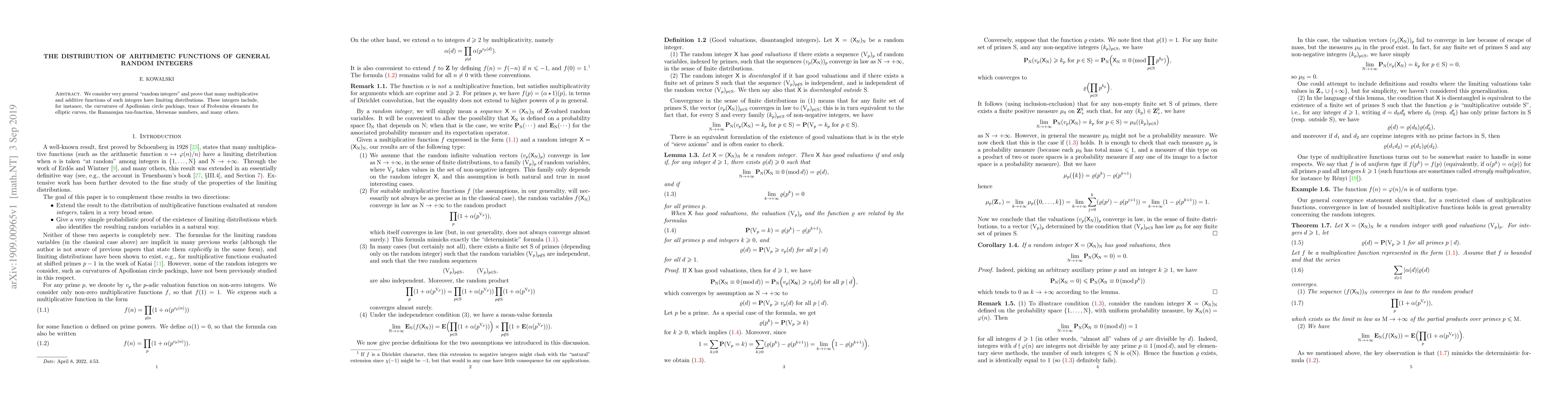 Thumbnail for The distribution of arithmetic functions of general random integers