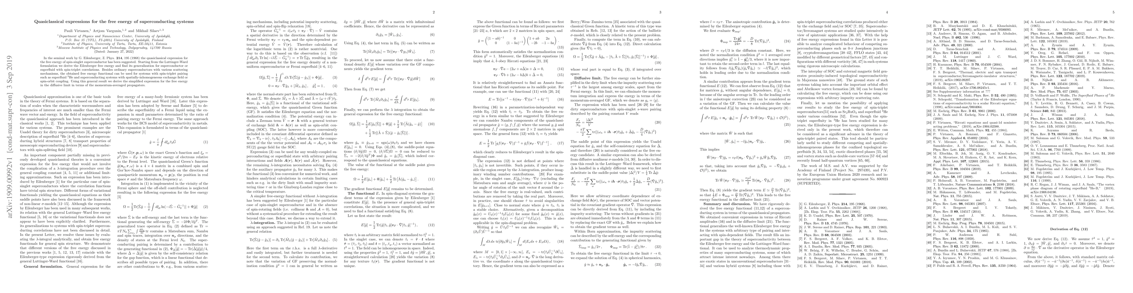 Thumbnail for Quasiclassical expressions for the free energy of superconducting
  systems