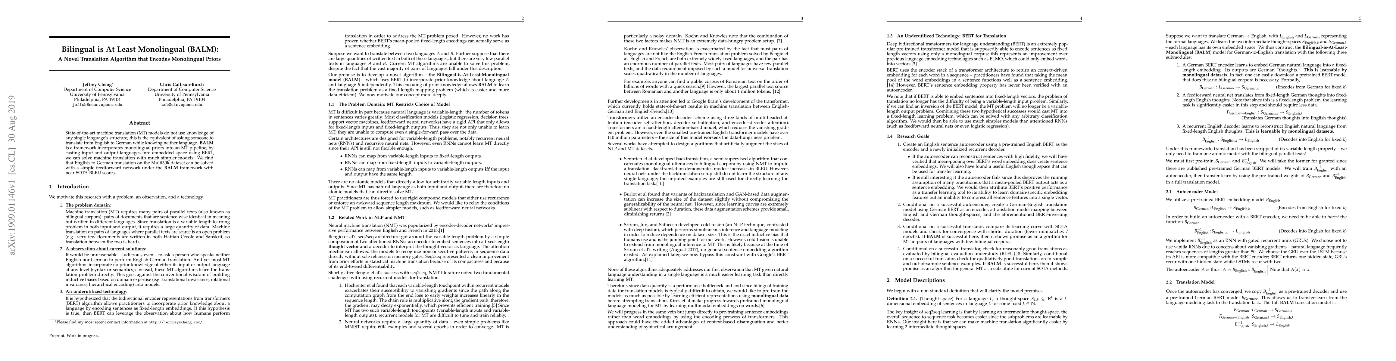 Thumbnail for Bilingual is At Least Monolingual (BALM): A Novel Translation Algorithm
  that Encodes Monolingual Priors