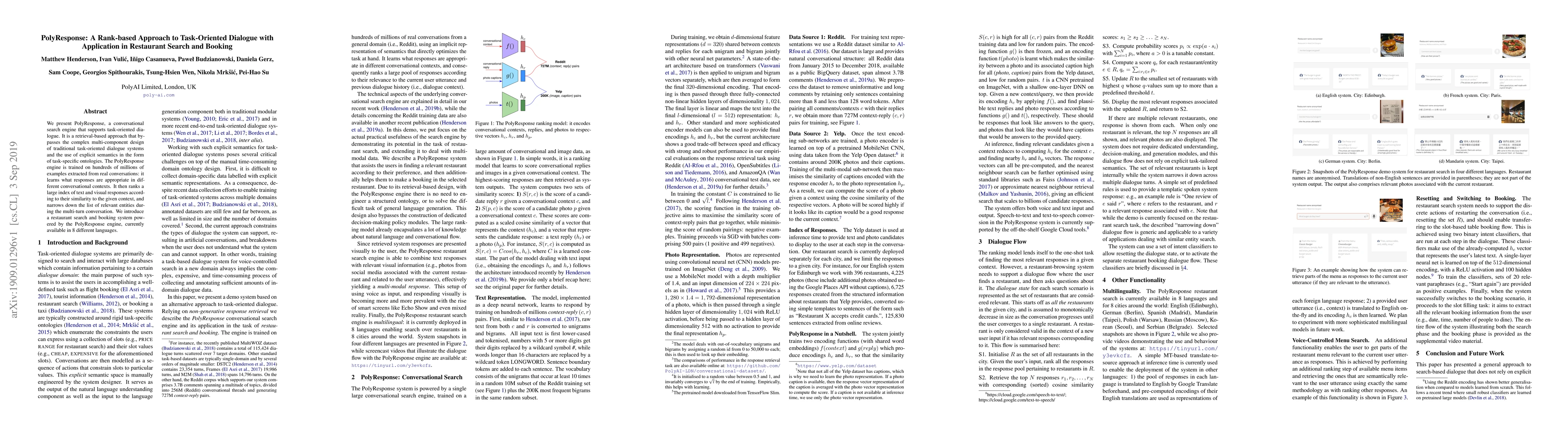 Thumbnail for PolyResponse: A Rank-based Approach to Task-Oriented Dialogue with
  Application in Restaurant Search and Booking
