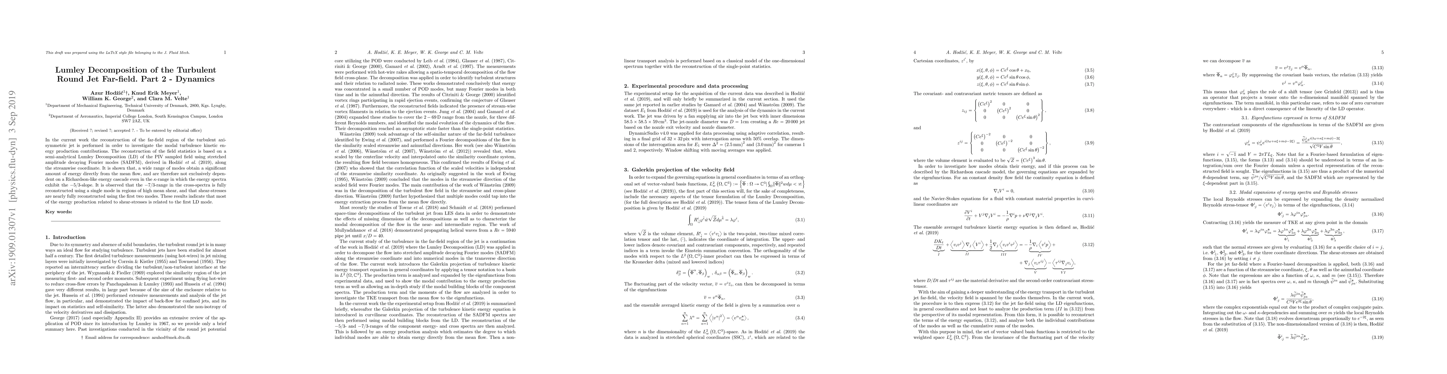 Thumbnail for Lumley Decomposition of the Turbulent Round Jet Far-field. Part 2 --
  Dynamics