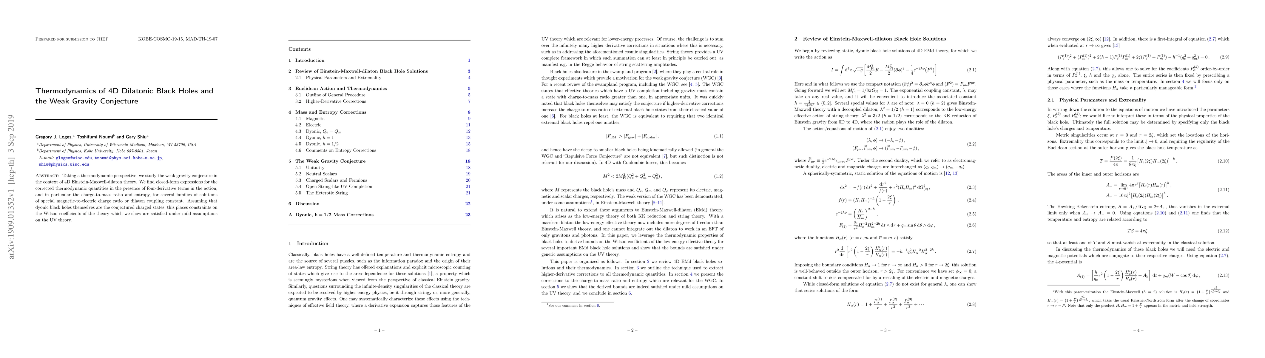 Thumbnail for Thermodynamics of 4D Dilatonic Black Holes and the Weak Gravity
  Conjecture