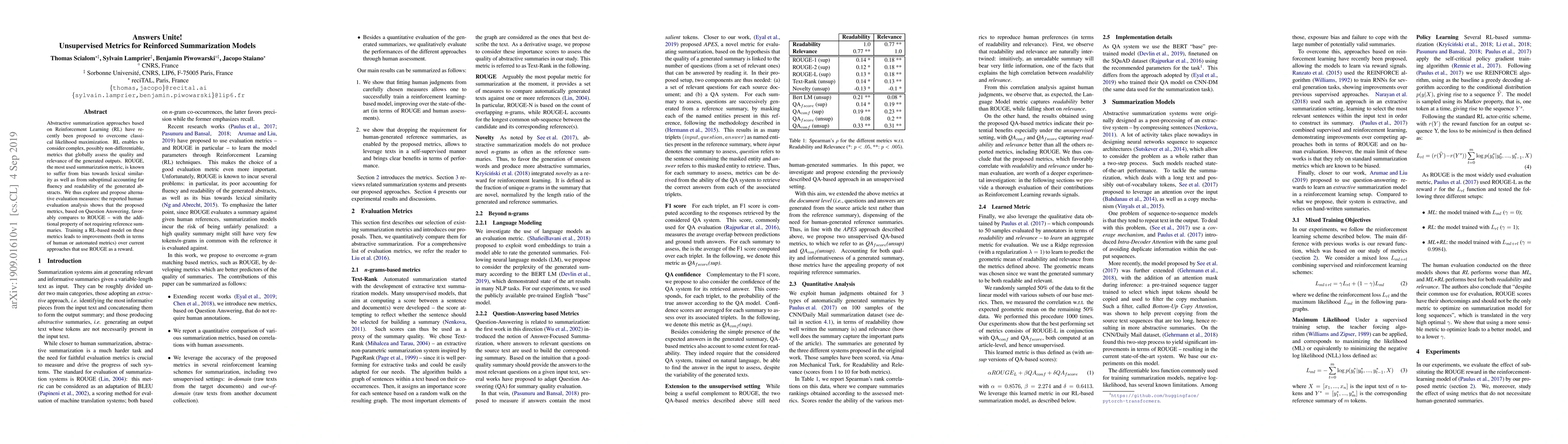 Thumbnail for Answers Unite! Unsupervised Metrics for Reinforced Summarization Models