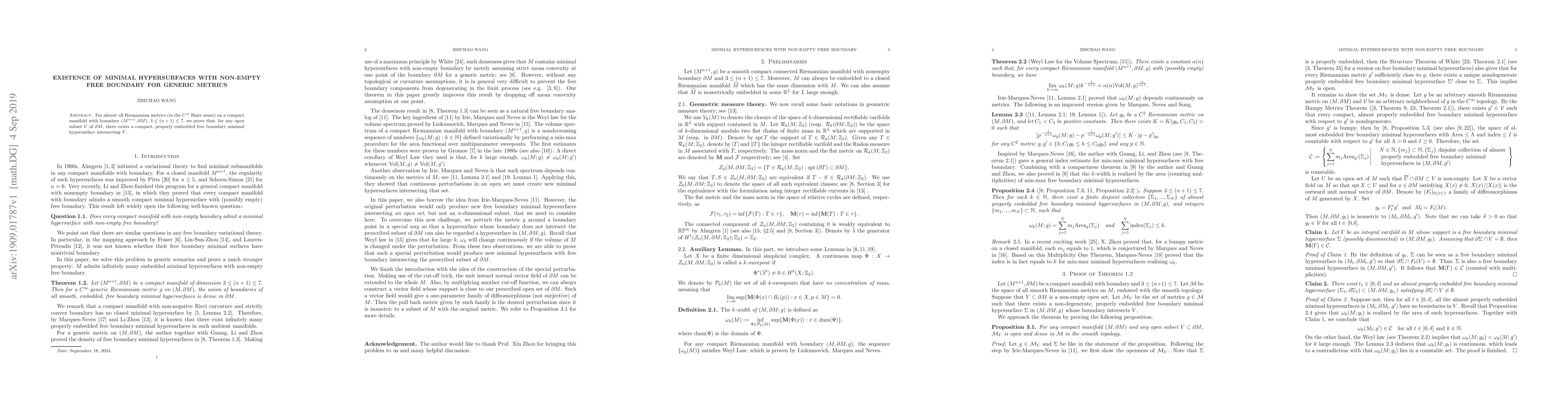 Thumbnail for Existence of minimal hypersurfaces with non-empty free boundary for
  generic metrics
