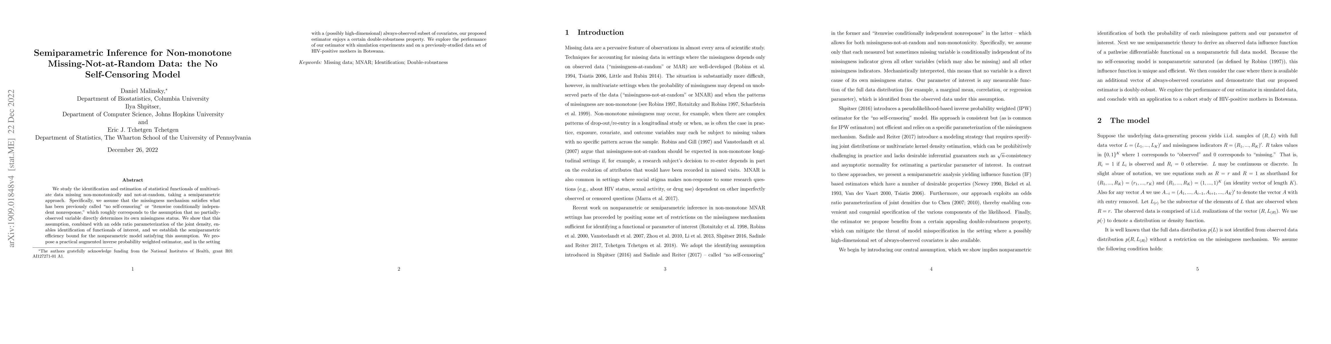 Thumbnail for Semiparametric Inference for Non-monotone Missing-Not-at-Random Data:
  the No Self-Censoring Model