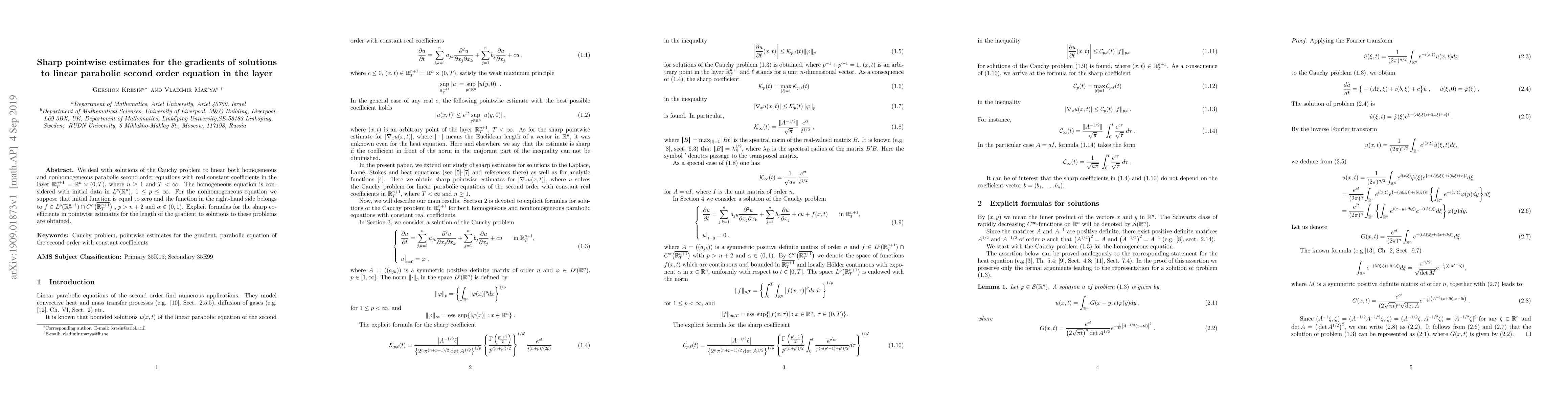 Thumbnail for Sharp pointwise estimates for the gradients of solutions to linear
  parabolic second order equation in the layer