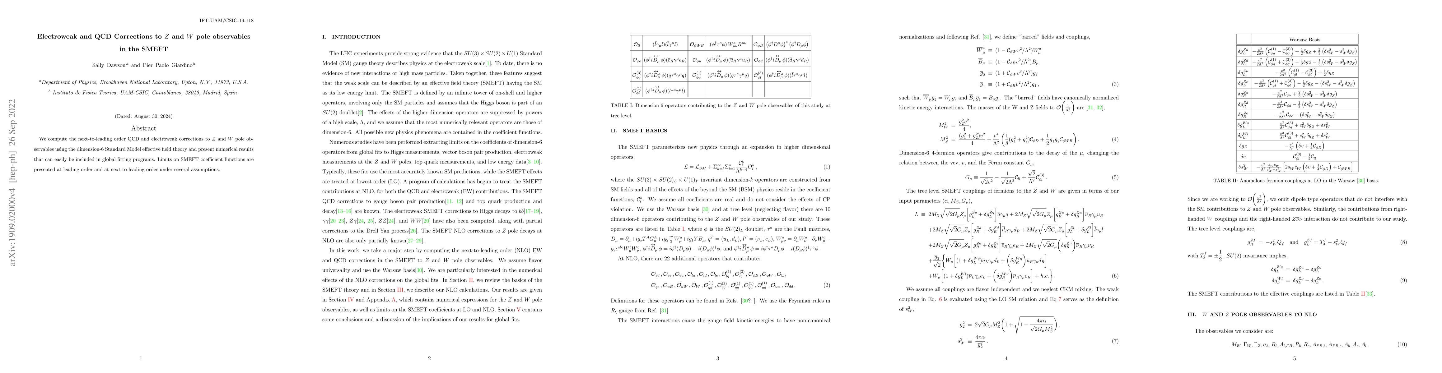 Thumbnail for Electroweak and QCD Corrections to $Z$ and $W$ pole observables in the
  SMEFT