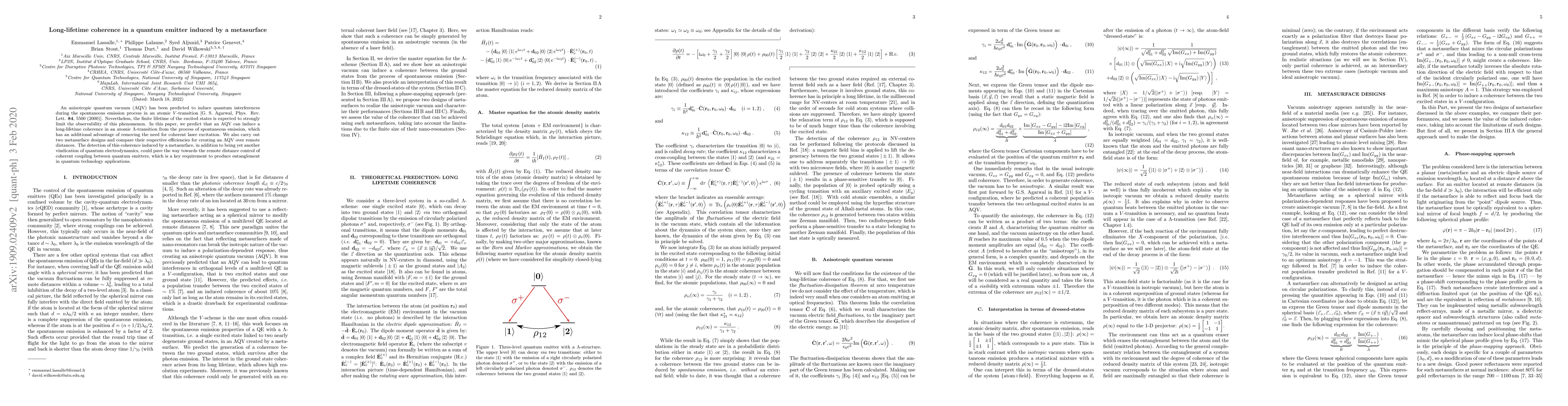 Thumbnail for Long-lifetime coherence in a quantum emitter induced by a metasurface