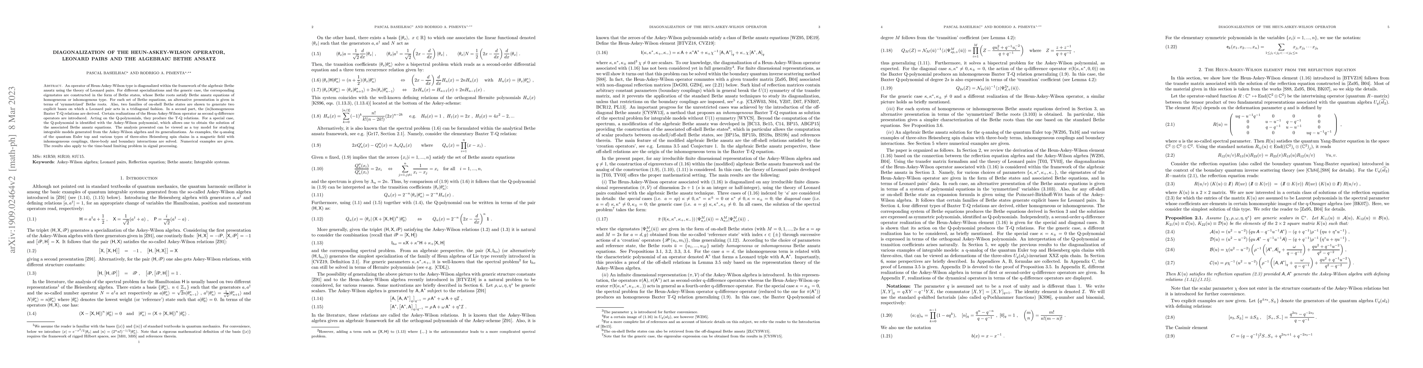 Thumbnail for Diagonalization of the Heun-Askey-Wilson operator, Leonard pairs and the
  algebraic Bethe ansatz