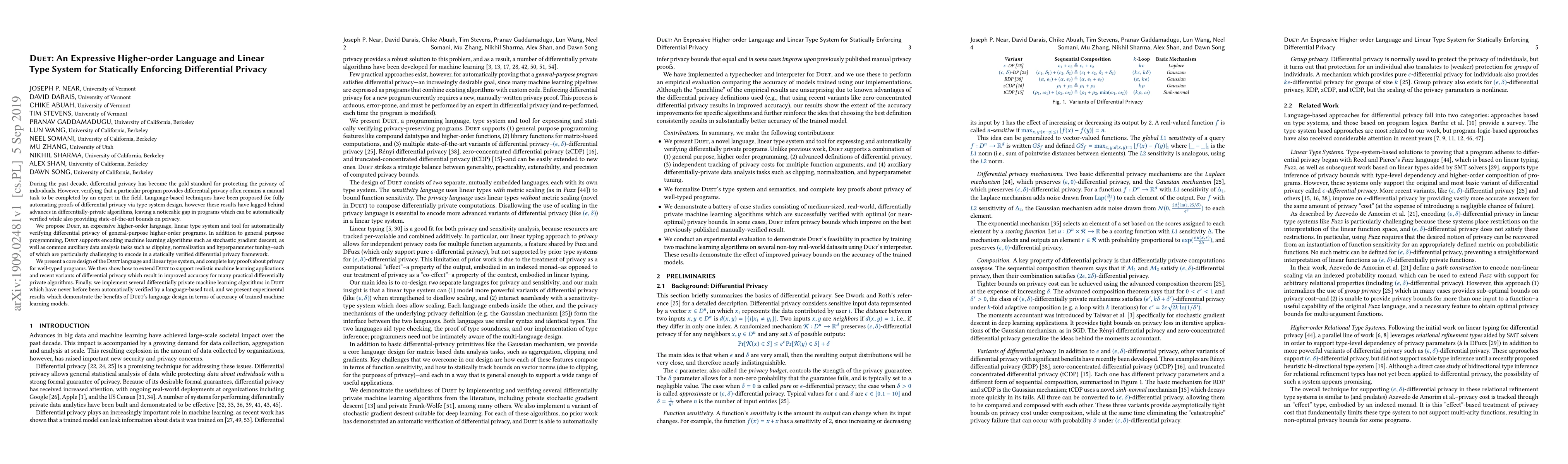 Thumbnail for Duet: An Expressive Higher-order Language and Linear Type System for
  Statically Enforcing Differential Privacy