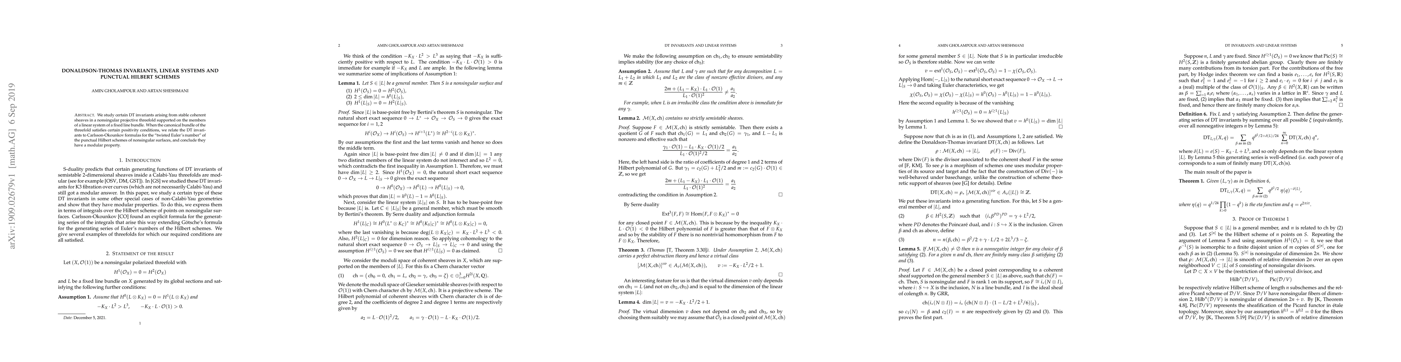 Thumbnail for Donaldson-Thomas invariants, linear systems and punctual Hilbert schemes