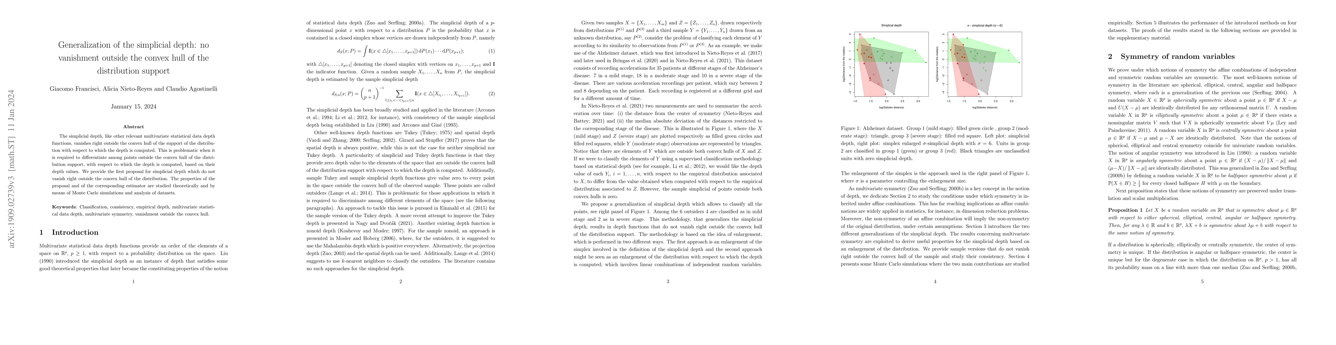 Thumbnail for Generalization of the simplicial depth: no vanishment outside the convex
  hull of the distribution support