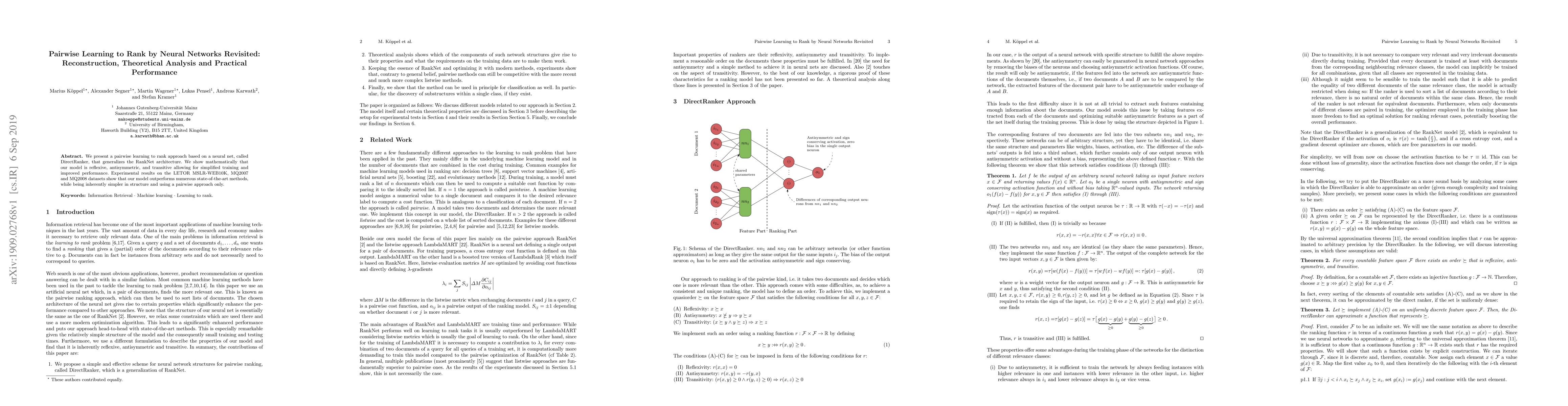 Thumbnail for Pairwise Learning to Rank by Neural Networks Revisited: Reconstruction,
  Theoretical Analysis and Practical Performance