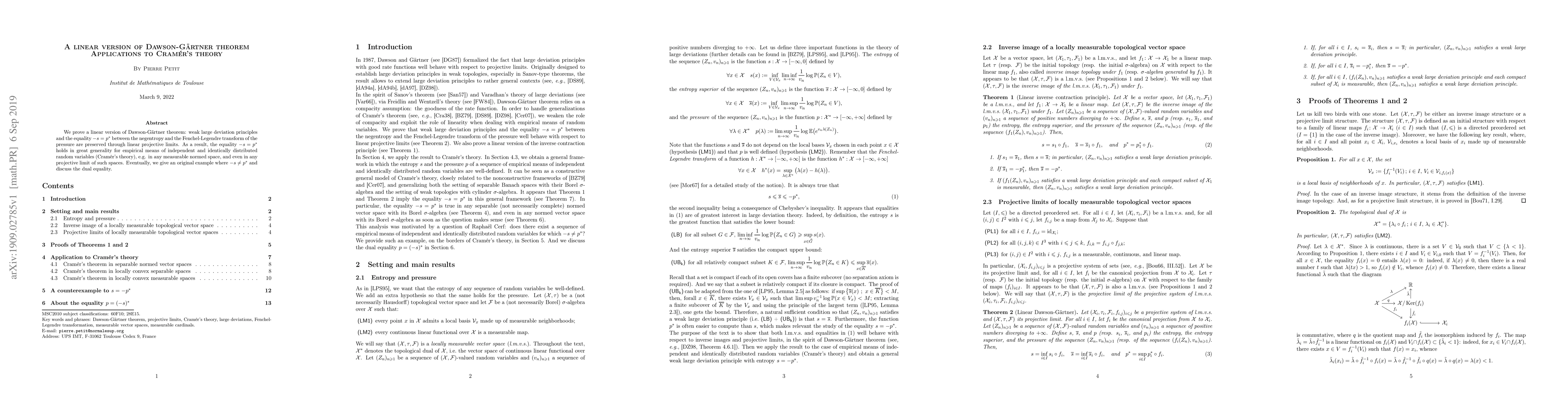 Thumbnail for A linear version of Dawson-G{\"a}rtner theorem -- Applications to
  Cram{\'e}r's theory