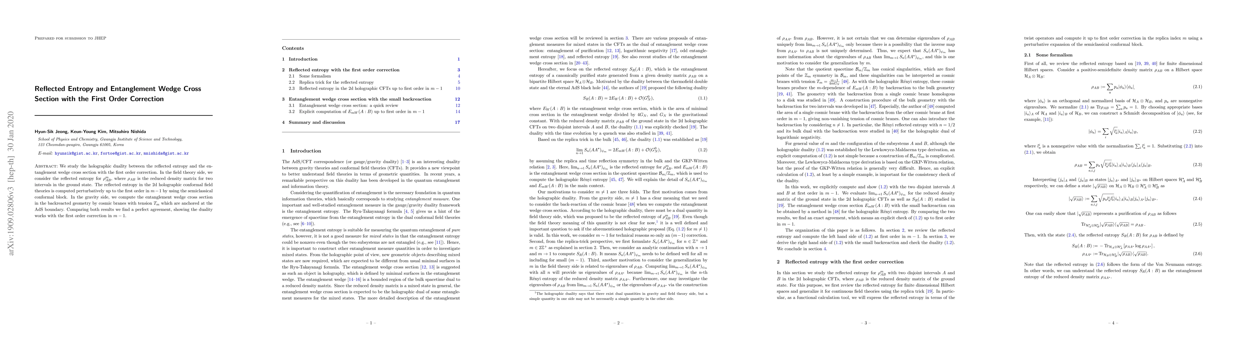 Thumbnail for Reflected Entropy and Entanglement Wedge Cross Section with the First
  Order Correction