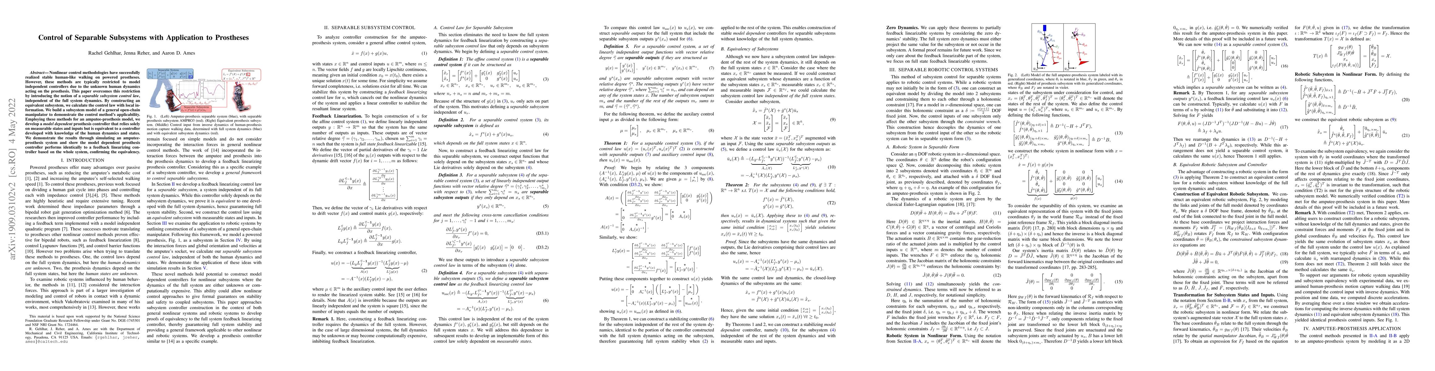 Thumbnail for Control of Separable Subsystems with Application to Prostheses