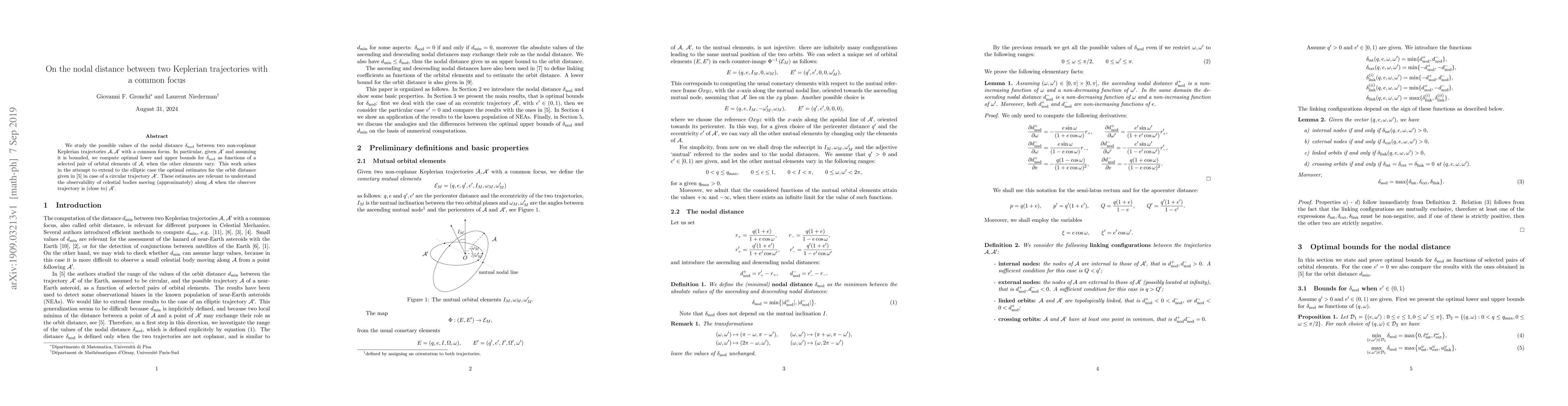 Thumbnail for On the nodal distance between two Keplerian trajectories with a common
  focus