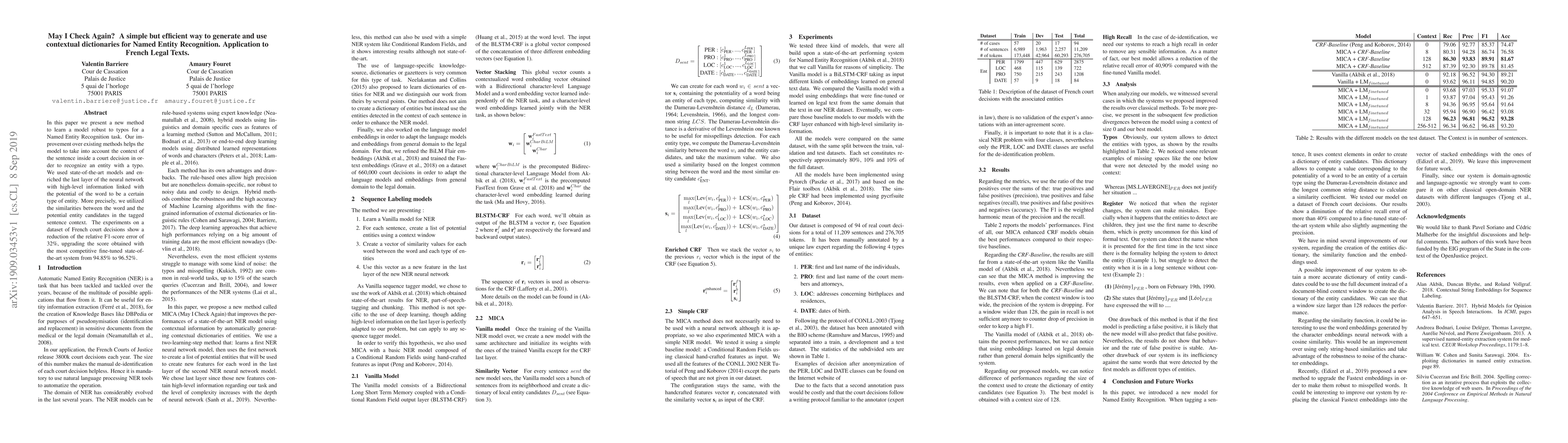 Thumbnail for May I Check Again? -- A simple but efficient way to generate and use
  contextual dictionaries for Named Entity Recognition. Application to French
  Legal Texts