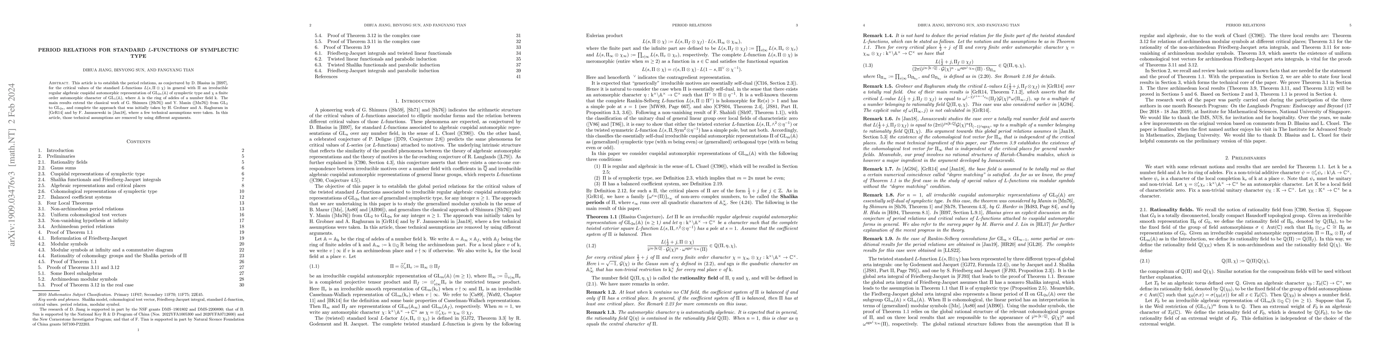 Thumbnail for Period Relations for Standard $L$-functions of Symplectic Type