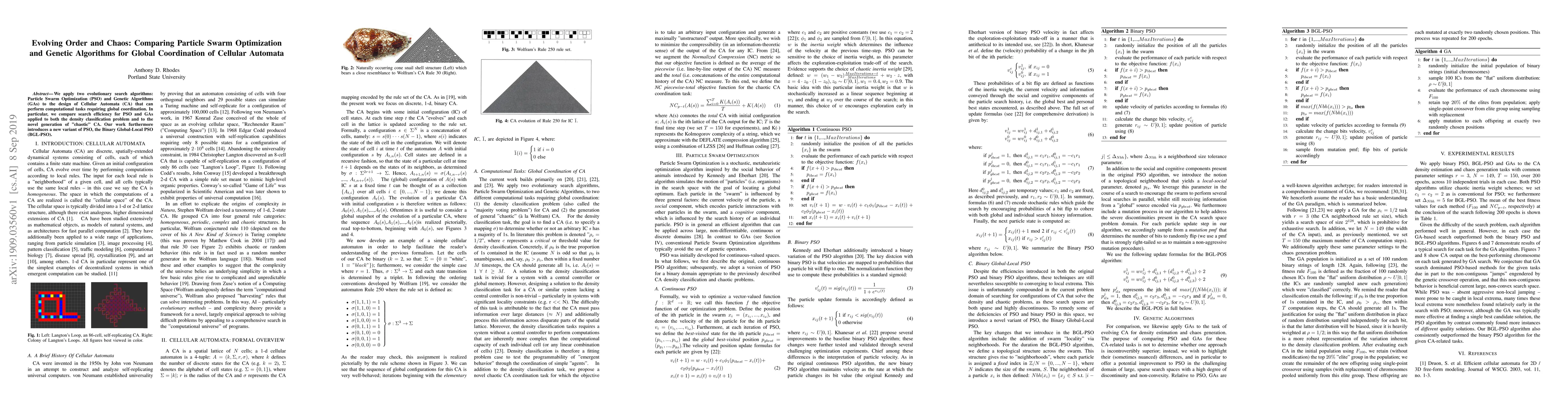Thumbnail for Evolving Order and Chaos: Comparing Particle Swarm Optimization and
  Genetic Algorithms for Global Coordination of Cellular Automata