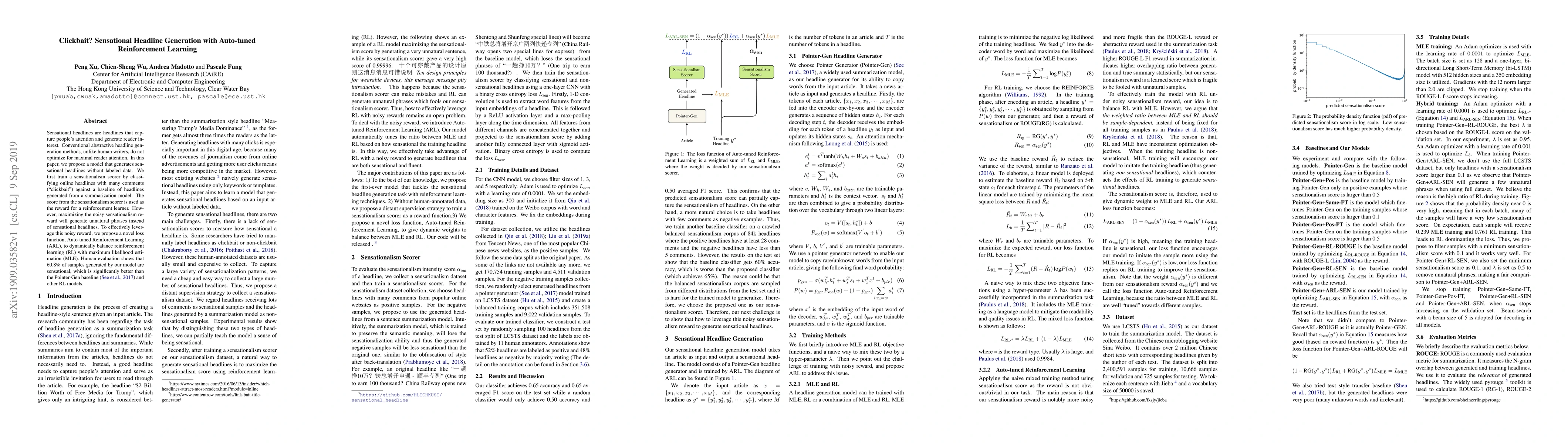 Thumbnail for Clickbait? Sensational Headline Generation with Auto-tuned Reinforcement
  Learning