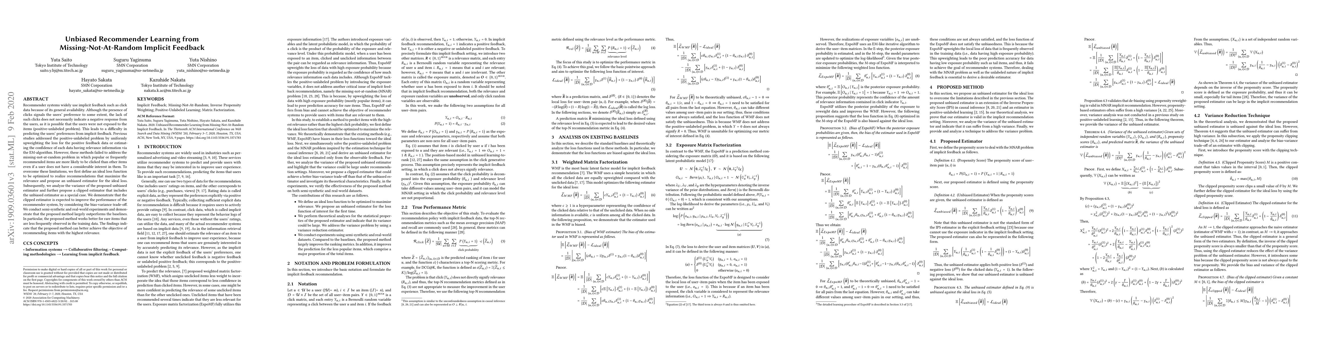 Thumbnail for Unbiased Recommender Learning from Missing-Not-At-Random Implicit
  Feedback