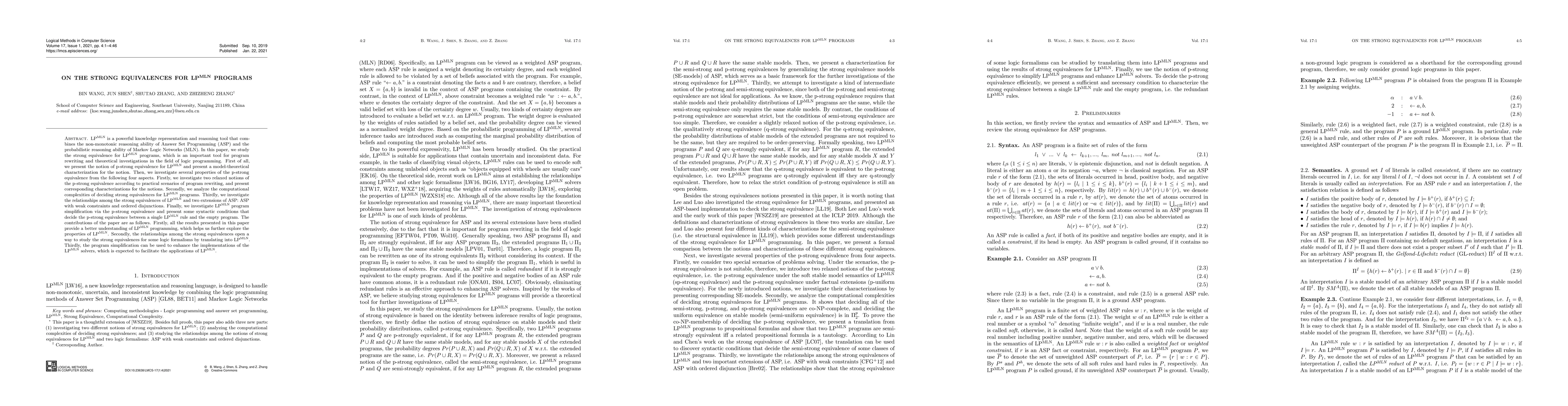Thumbnail for On the Strong Equivalences for LPMLN Programs