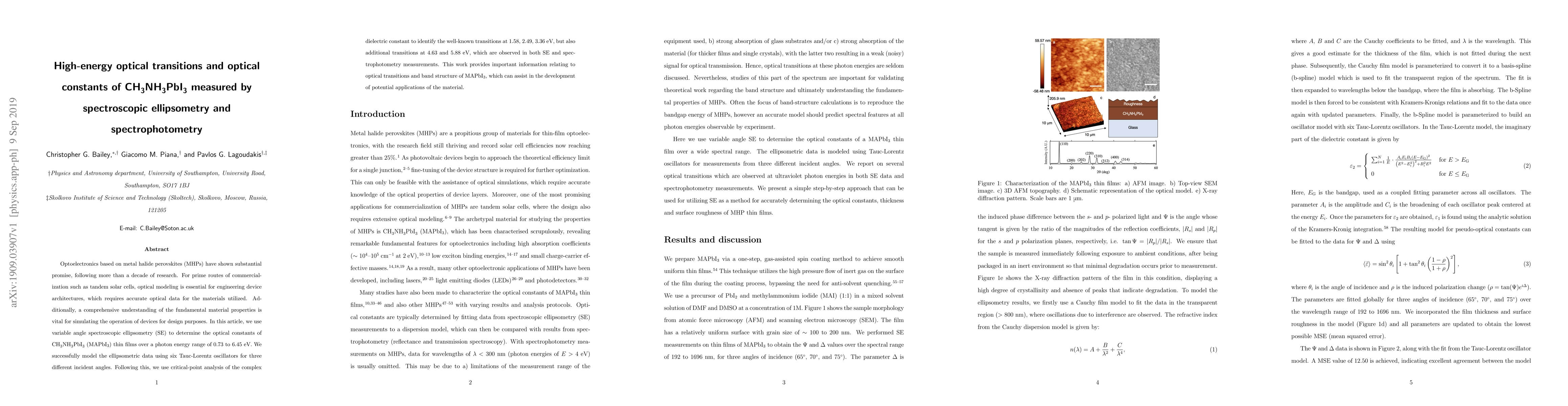 Thumbnail for High-energy optical transitions and optical constants of
  CH$_3$NH$_3$PbI$_3$ measured by spectroscopic ellipsometry and
  spectrophotometry