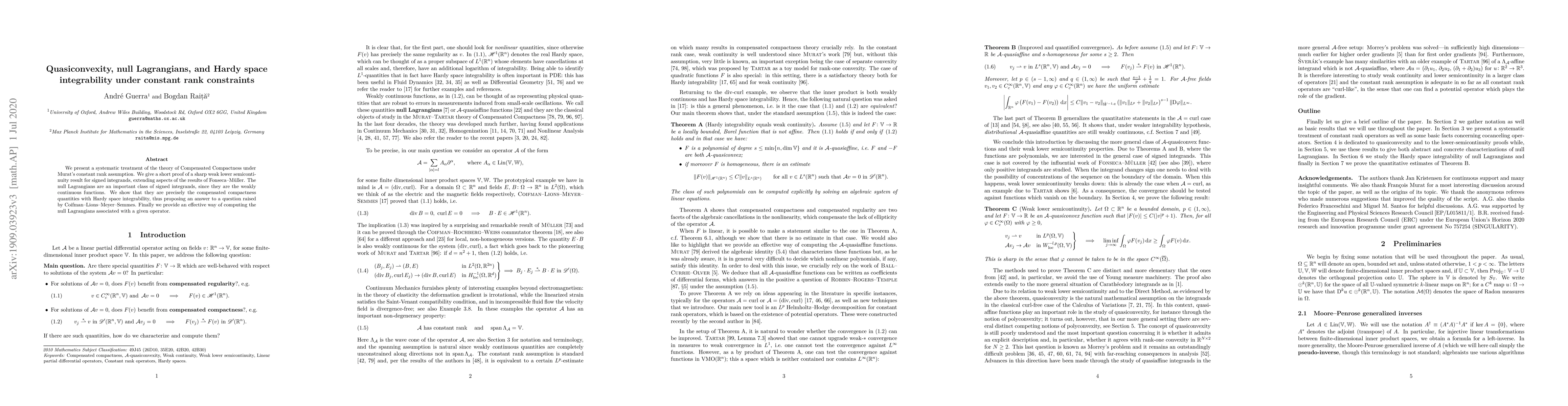 Thumbnail for Quasiconvexity, null Lagrangians, and Hardy space integrability under
  constant rank constraints
