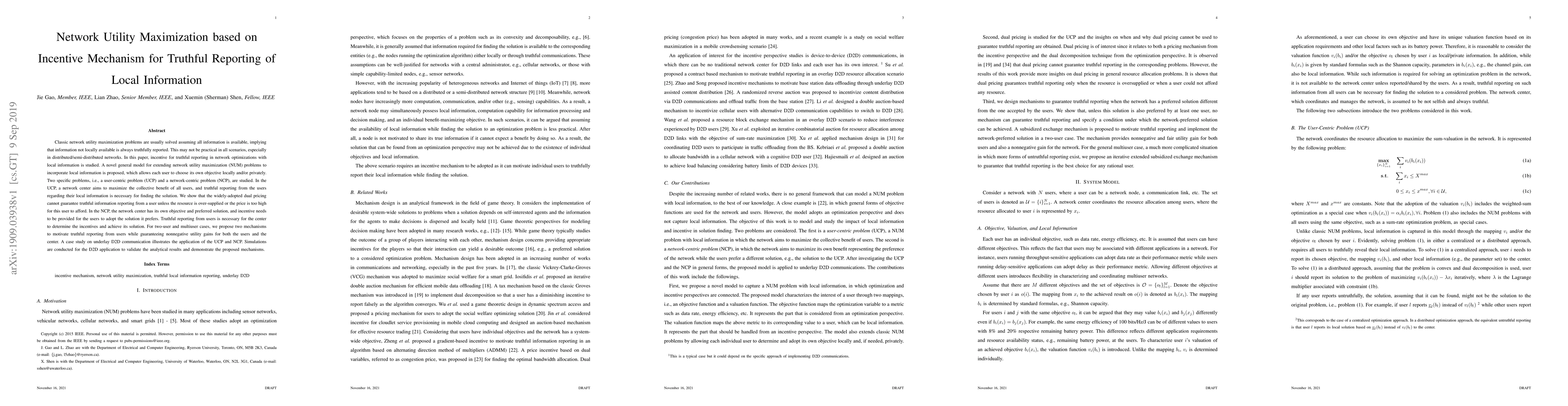 Thumbnail for Network Utility Maximization based on Incentive Mechanism for Truthful
  Reporting of Local Information