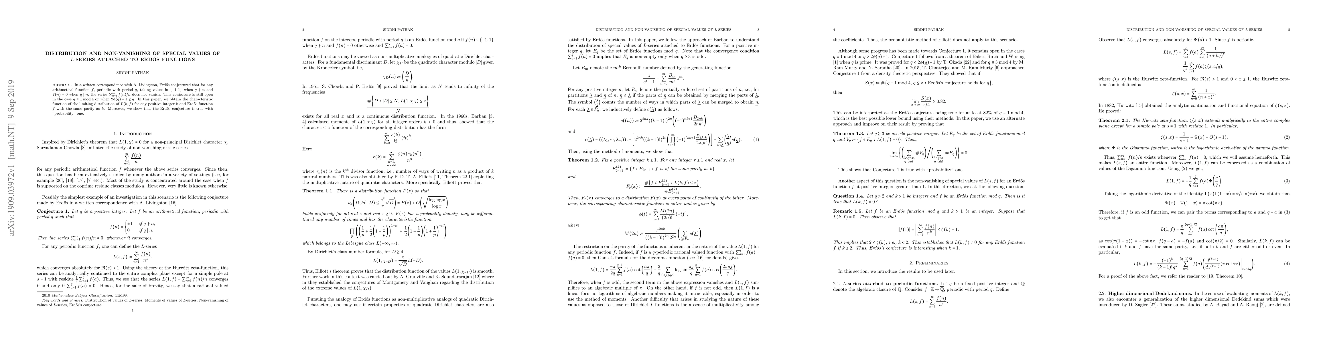 Thumbnail for Distribution and Non-vanishing of special values of $L$-series attached
  to Erd\H{o}s functions