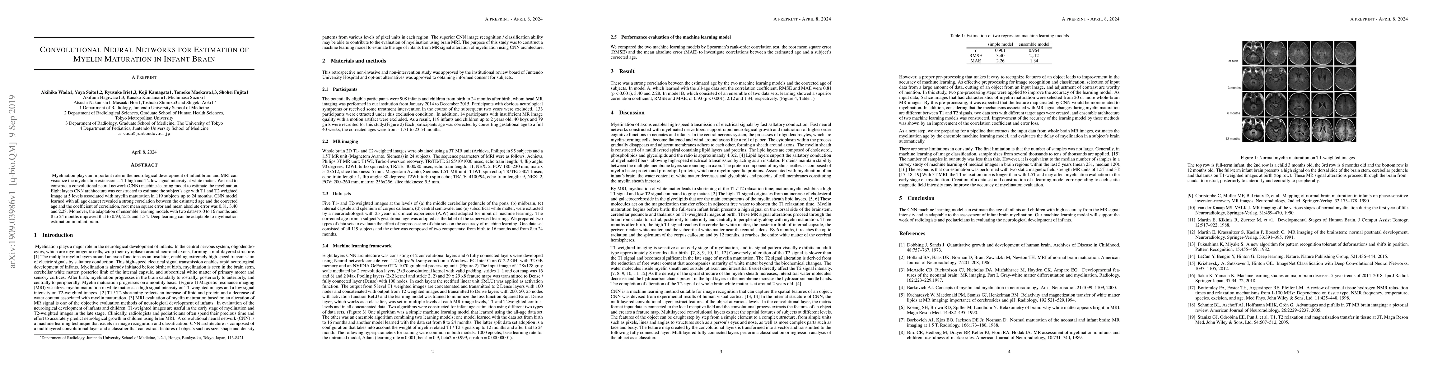 Thumbnail for Convolutional Neural Networks for Estimation of Myelin Maturation in
  Infant Brain