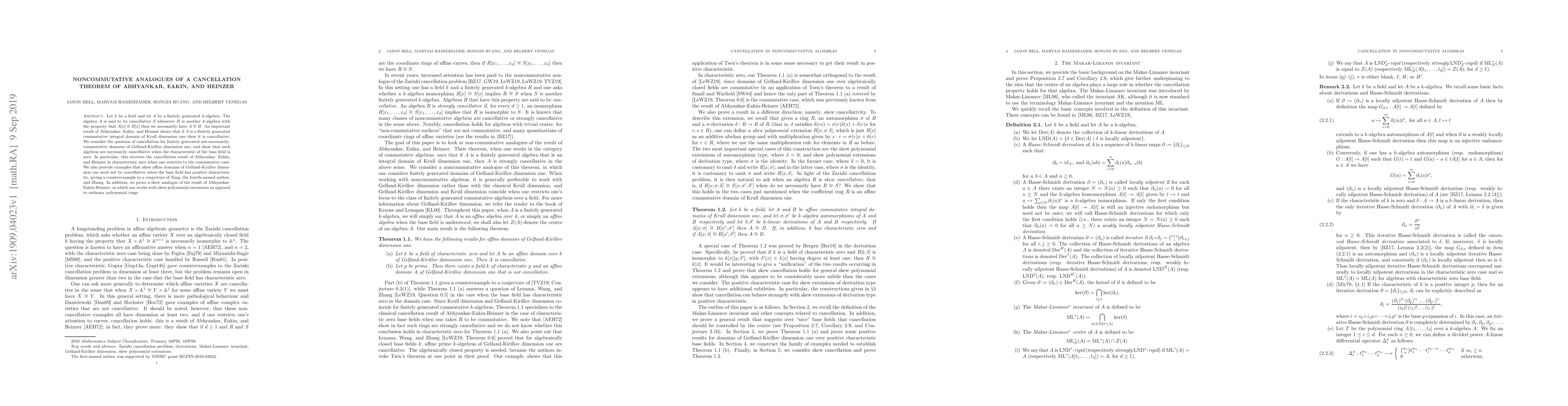 Thumbnail for Noncommutative analogues of a cancellation theorem of Abhyankar, Eakin,
  and Heinzer
