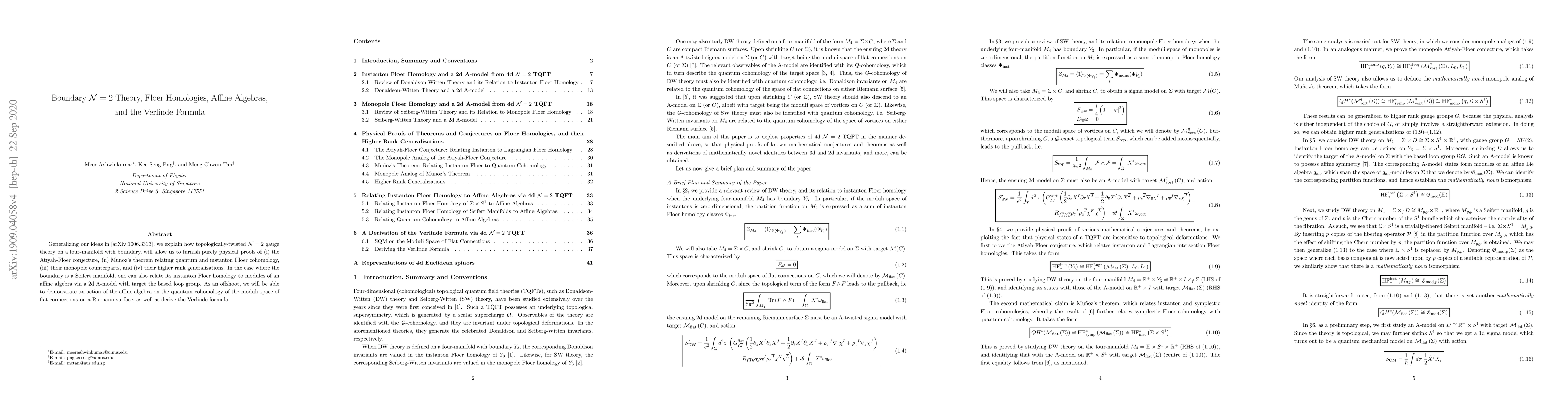 Thumbnail for Boundary N=2 Theory, Floer Homologies, Affine Algebras, and the Verlinde
  Formula